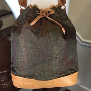 ETRO Milano Red Paisley Nylon Vachetta Leather Drawstring Bucket Shoulder Bag